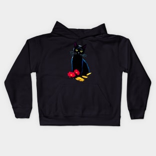 Black Cat with Red and Yellow Daisy Cat Lover Cat Owner Kids Hoodie